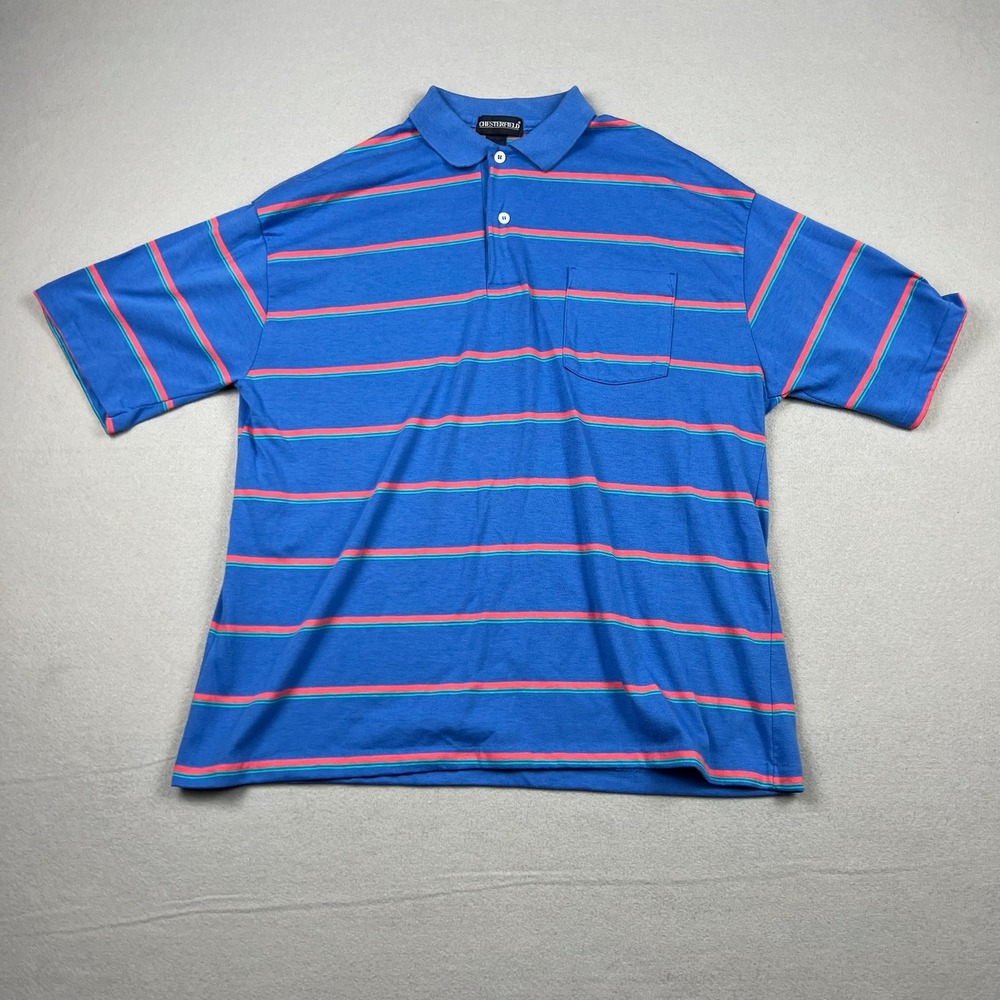 Vintage 90s Chesterfield Mens XL Blue Striped Pocket Polo Golf Shirt Made In USA